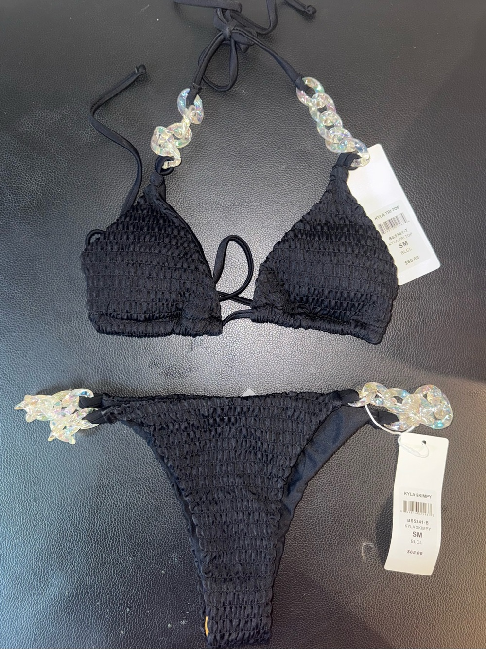 Beach Bunny Black Smocked Bikini with Iridescent Chain Links